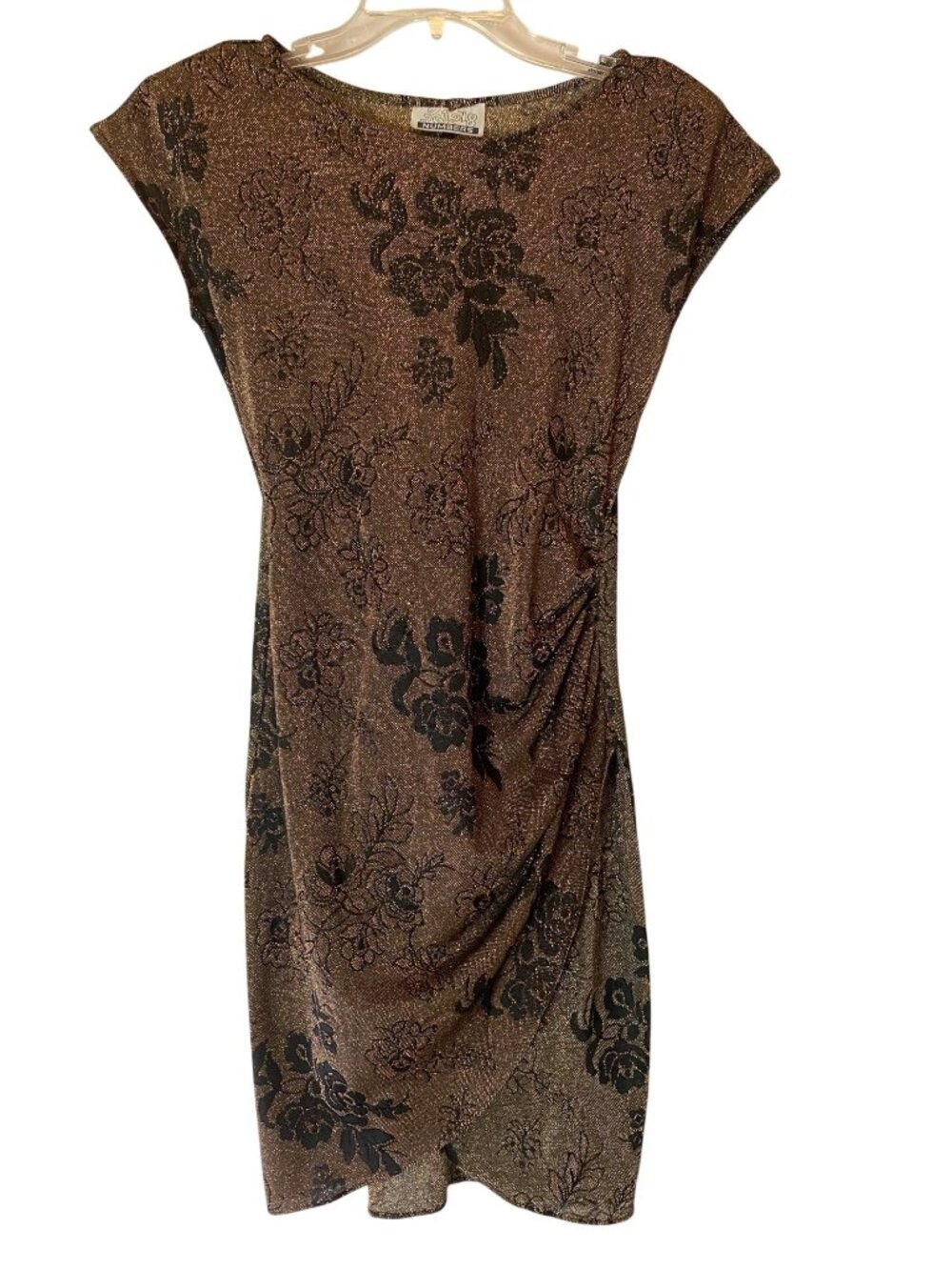 Vintage Numbers Metallic Floral Dress Draped Detail Black & Gold Medium